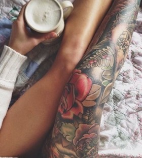 Coffe cup and girl tattoo on leg