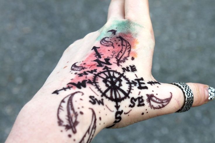Colorful feather and compass tattoo on arm
