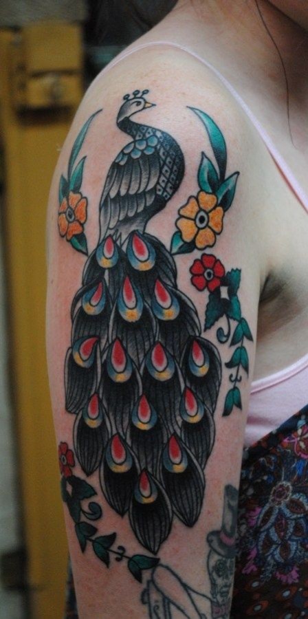 Colorful flowers and peacock tattoo