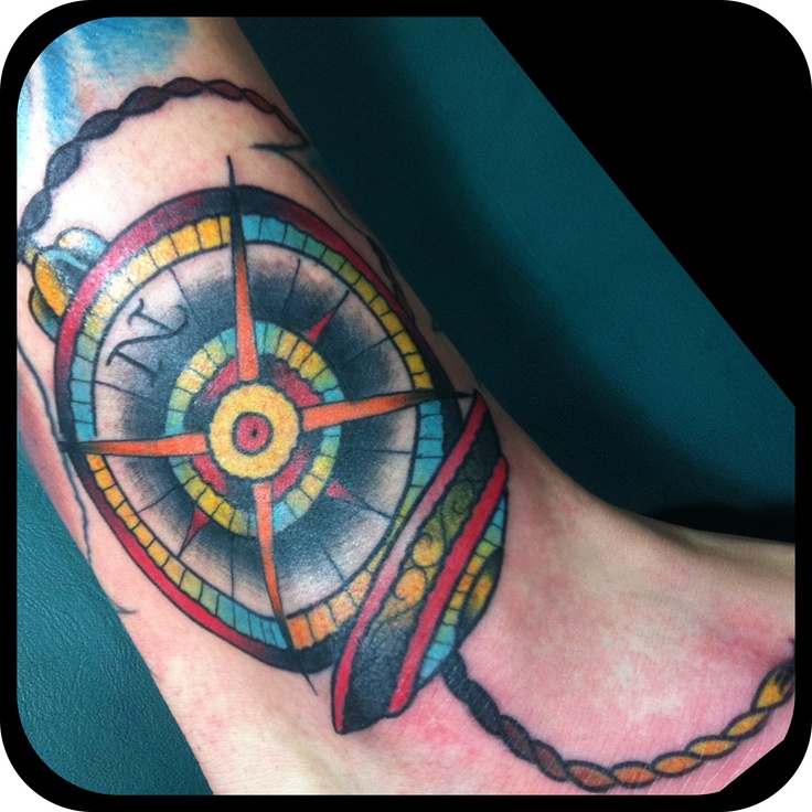 Colorful owals compass tattoo on leg