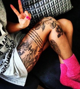 Cool pink girl tattoo on leg