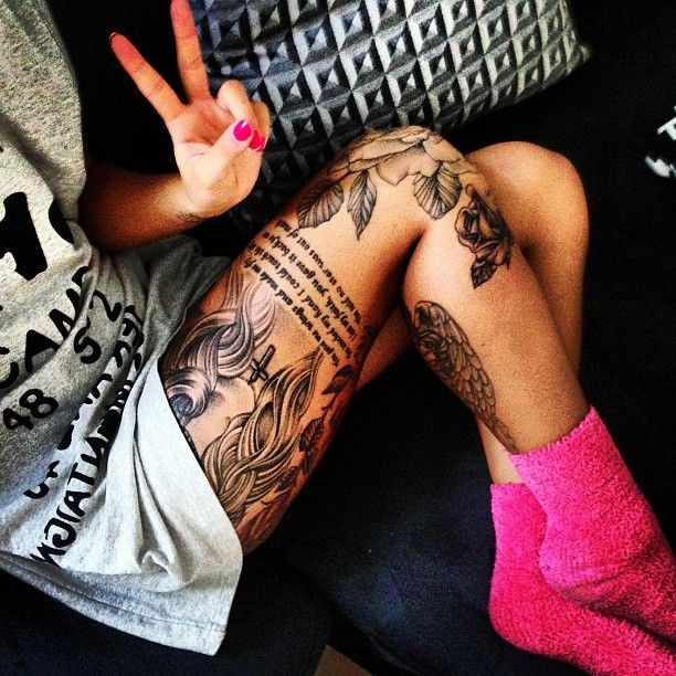Cool pink girl tattoo on leg