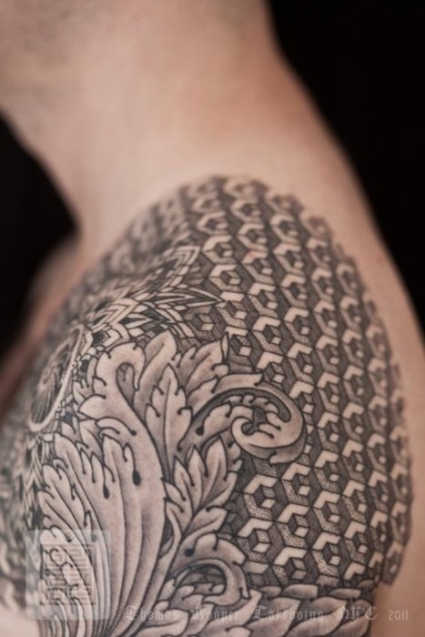 Flower and lines geometric shoulder, back tattoo