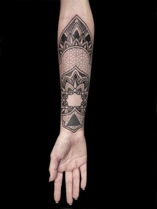 Flowers and simple geometric arm tattoo
