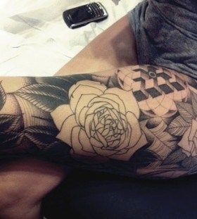 Flowers rose geometric tattoo on leg