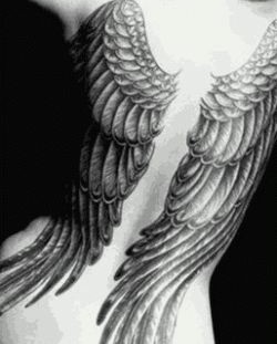 Full back angel tattoo on shoulder
