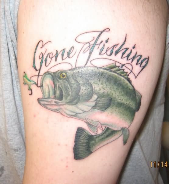 Gone fishing letters and green fishing tattoo