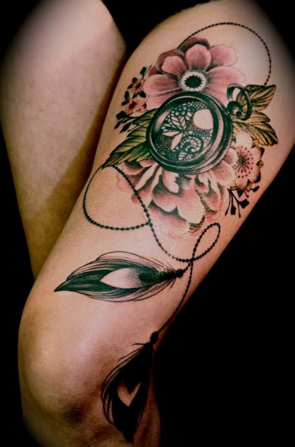 Gorgeous flowers compass tattoo on leg - | TattooMagz › Tattoo Designs