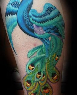 Green adorable peacock tattoo on leg
