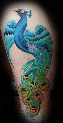 Green adorable peacock tattoo on leg