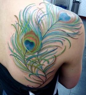 Green feather of peacock tattoo