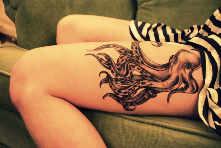 Huge women’s octopus tattoo on leg