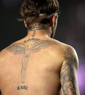 Men's full body angel tattoo on shoulder