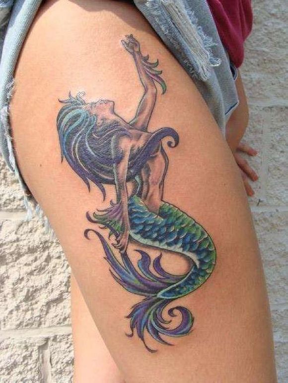 Purple hair mermaid tattoo