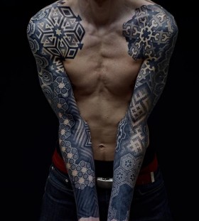 Puzzles style geometric shoulder, back tattoo