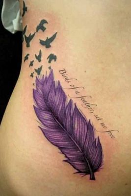 Quote and feather purple tattoos