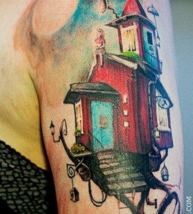 Red and black house tattoo