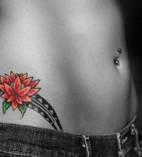 Red simple flower girl tattoo on hip