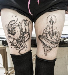 Ship, anchor black octopus tattoo on leg