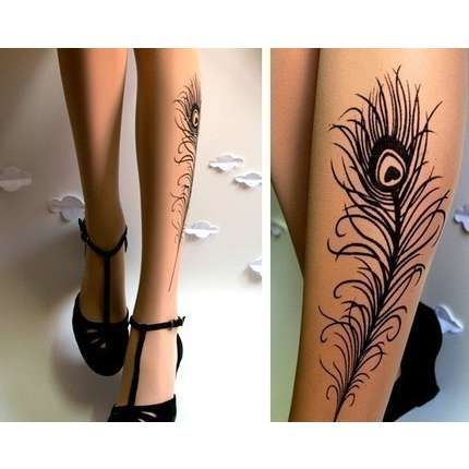 Simple black feather and black high-heels peacock tattoo on leg