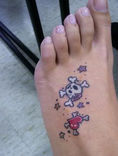 Skull and heart girl tattoo on foot