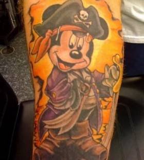 Skull cap with Mickey Mouse tattoo on leg