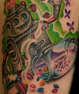 Snacks and funny robbot tattoo