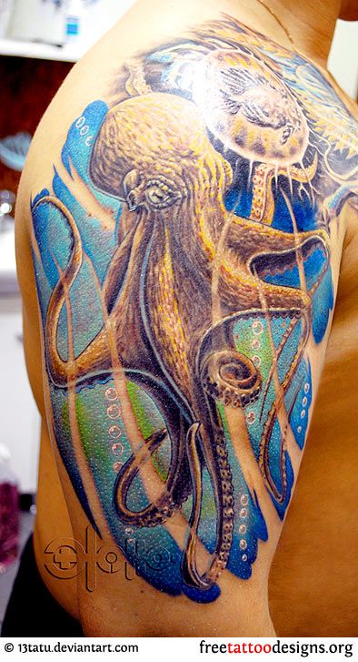 Yellow and blue octopus tattoo on arm
