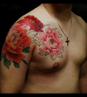 large pink and red peonies tattoo