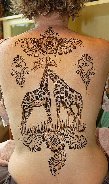 large two giraffes tattoo on back