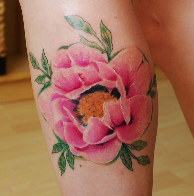 pink peony with leaves tattoo