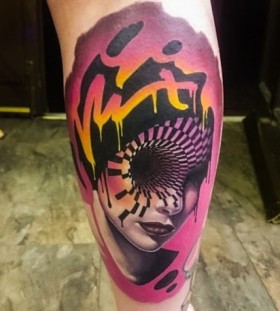 3D black hole girl on calf tattoo
