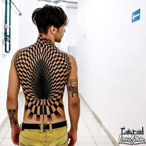 3D checkered portal on back tattoo