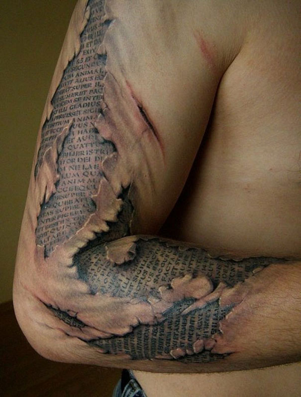 3D hidden text arm sleeve tattoo