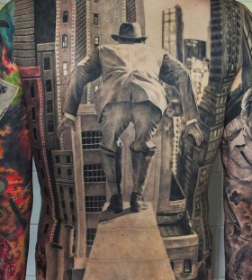 3D man suicide in city back tattoo