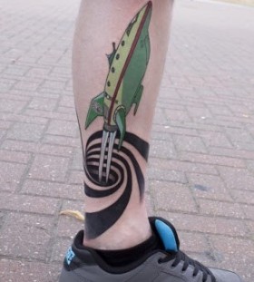 3D space shuttle coming out of black hole on calf tattoo