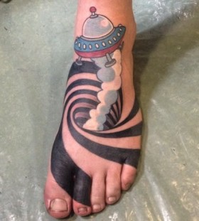 3D spaceship on foot tattoo