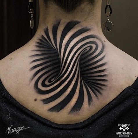 3D striped twist of a black hole on neck and back tattoo