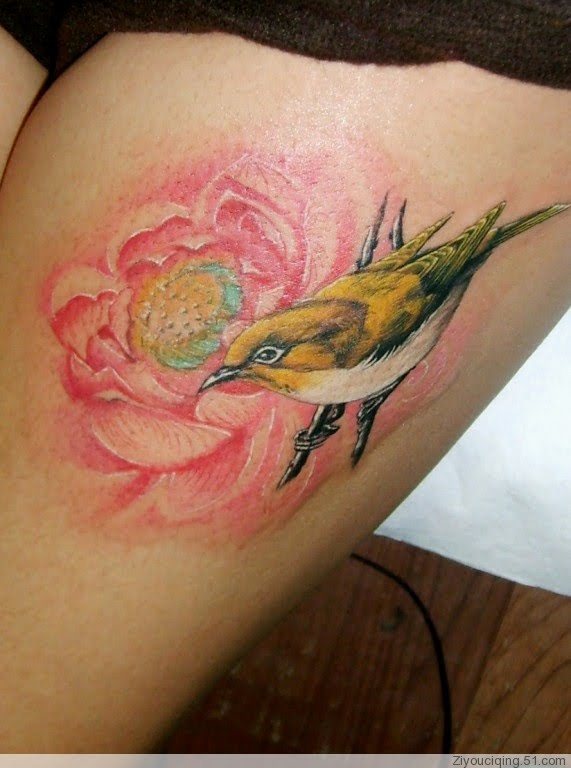 Bird And Flower Tattoo Leg Tattoo for Girls