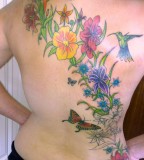 Colorful Birds Flower Tattoo Design on Woman's Back