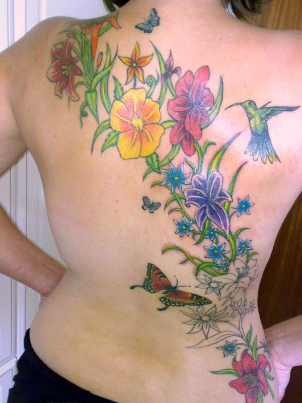 Colorful Birds Flower Tattoo Design on Woman’s Back