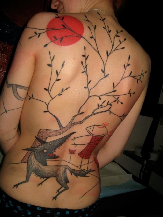 Amazing doodle back tattoo by Yann Black