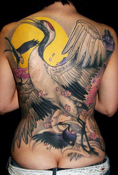 Amazing full back crane tattoo