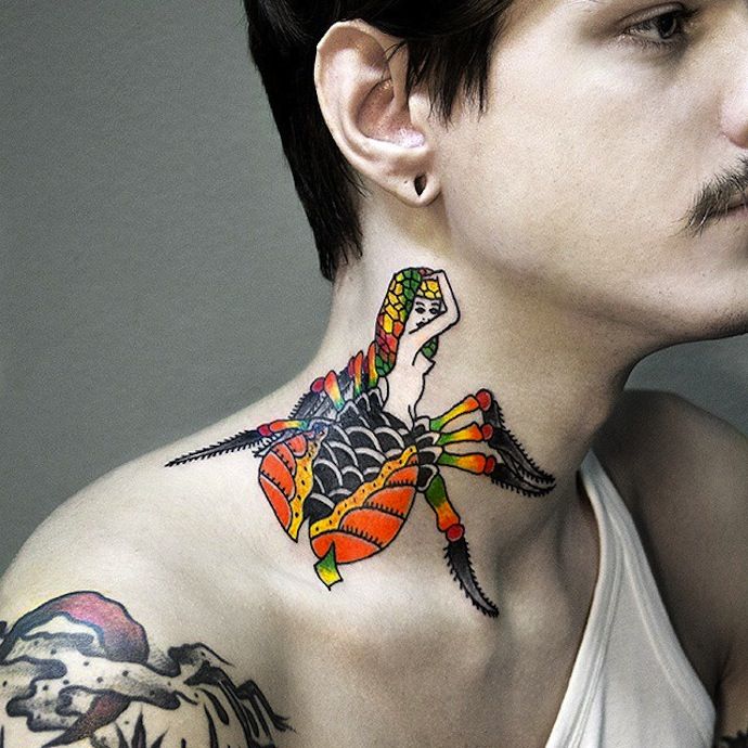 Amazing girl spider tattoo by Dase Roman Sherbakov
