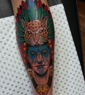 Amazing man with animals head tattoo by Drew Shallis