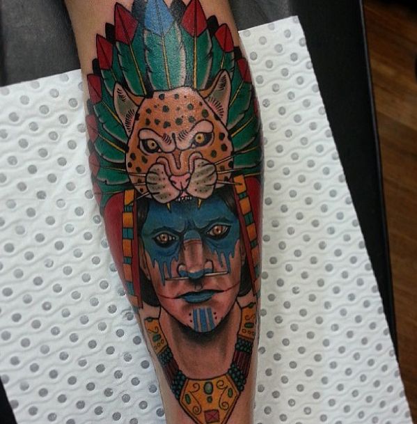 Amazing man with animals head tattoo by Drew Shallis