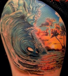 Amazing wave and sunset tattoo