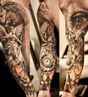 Angel and clock full arm tattoo