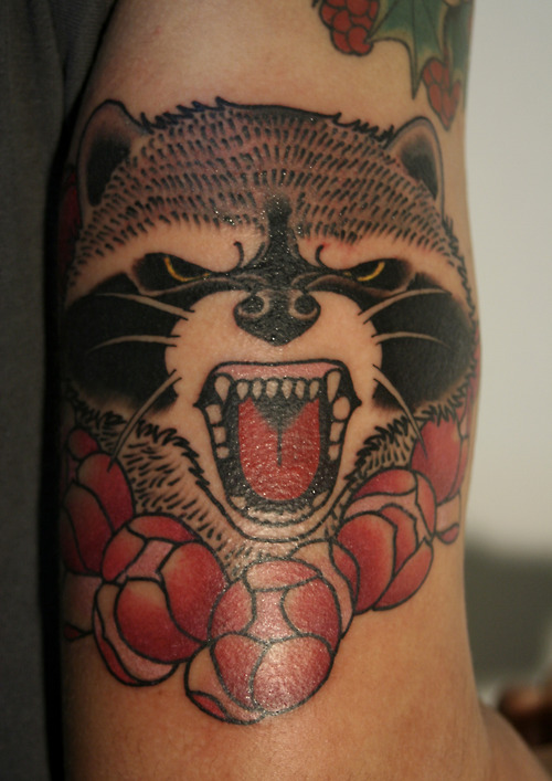 Angry raccoon arm tattoo