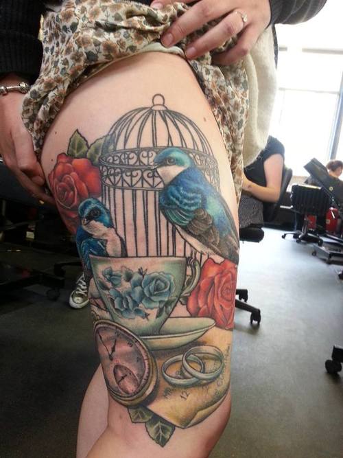 Awesome birdcage leg tattoo